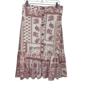 Mlle Gabrielle Red White Paisley Bandana Button Front Ruffle Midi Skirt Size L